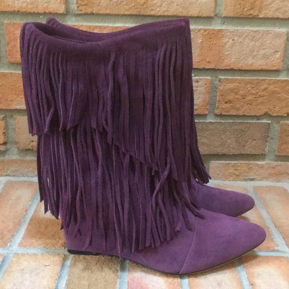 Liliana Purple Suede Ankle Booties with Fringe